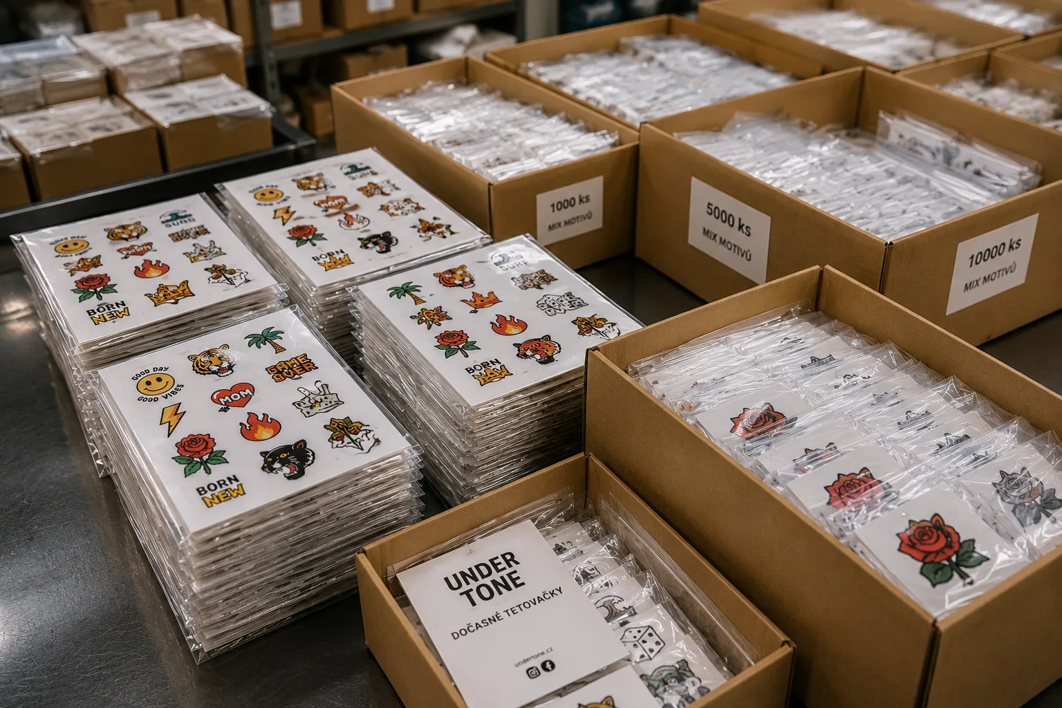 isíce kusů zabalených dočasných tetovaček připravených k distribuci